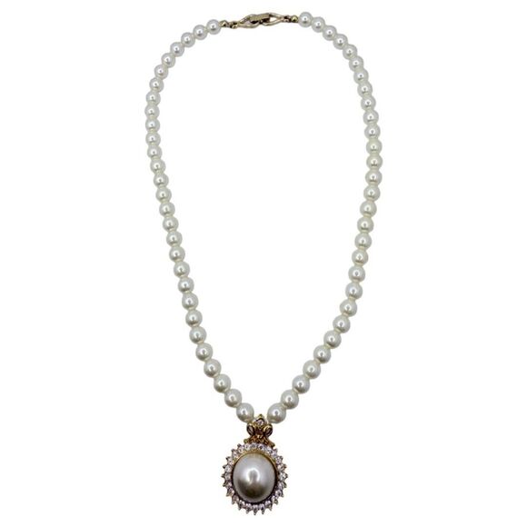 VTG White Pearl Icy Crystal Pendant Necklace 18" Gold Formal Wedding - Picture 7 of 16